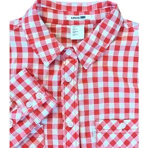 Levis Womens Red White Gingham Button Down Cotton Shirt Size S Long Sleeve